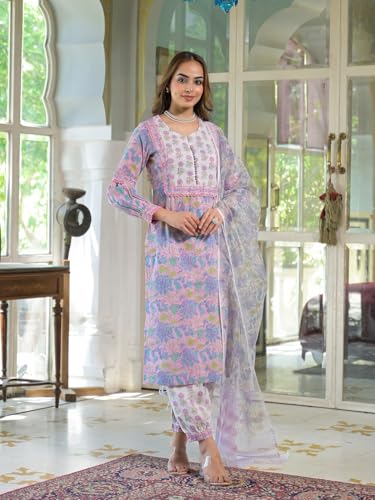 Divena Pink Cotton Block Print Straight Kurta Pant With Dupatta