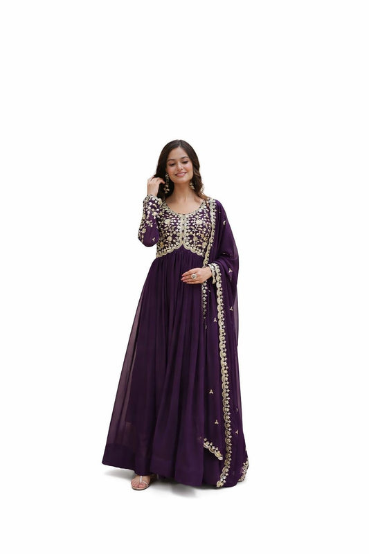 Mehervaa by vinni Women's Purple Embroidered Anarkali Suit Set with Dupatta, Gold Zari Work, Long Sleeve Ethnic Gown (in, Alpha, L, Regular)