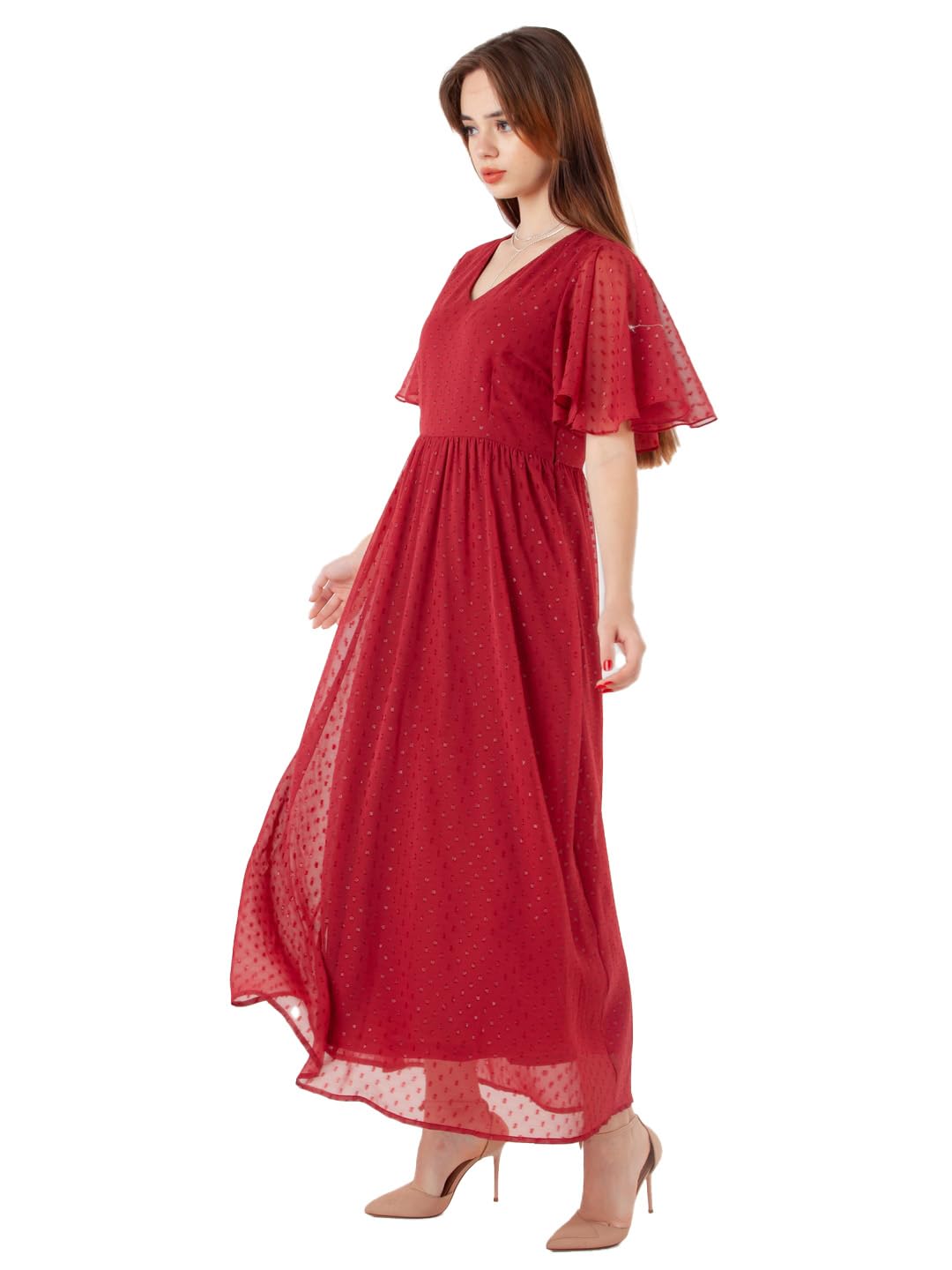 Zink London Women's Maroon Self Design Regular Maxi Dress