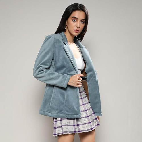 Campus Sutra Women's Prussian Blue Structured Single Breasted Blazer for Casual Wear | Lapel Collar | Long Sleeve | Button Closure | Velvet Blazer Crafted with Comfort Fit for Everyday Wear