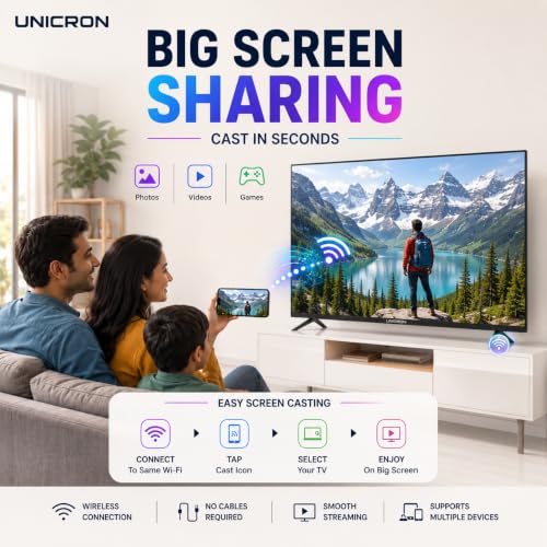 UNICRON 32 Inch Android Smart TV with Voice Control Remote Command, HD Ready LED Television with WiFi, 30W Sound Speaker with Premium Frameless Design, Built in Apps Compatible