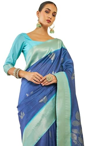 Soch Womens Blue Tussar Silk Saree With Zari Woven Foliage Designs