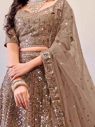 Zeel Clothing Women's Threads Sequins Embroidered Soft Net Lehenga Choli With Dupatta (5110-Brown-Wedding-Stylish-Lehenga-Choli-New; Free Size)