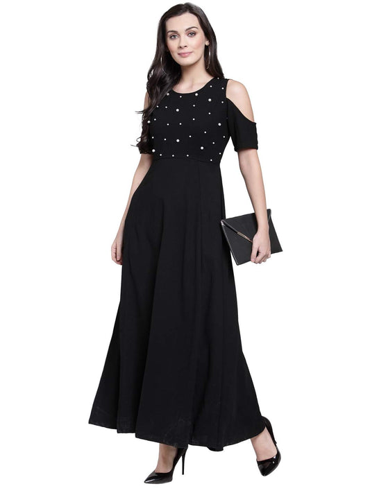 pluss Women's Georgette a-line Maxi Dress (LDR2930- Black_M)
