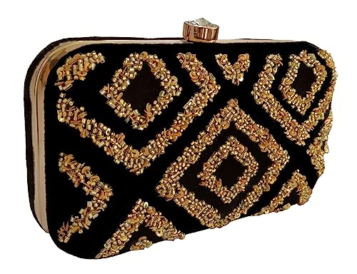 DUCHESS Women Embroidered Black Gold Clutch for Wedding Party