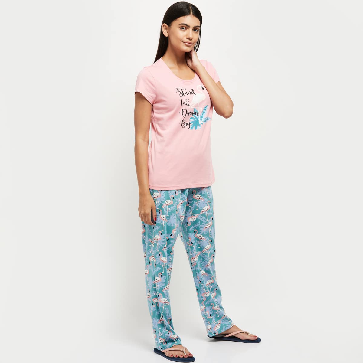 Max Women Printed Round Neck T-Shirt with Elasticated Pyjamas (SU22OTS10PINK)_S