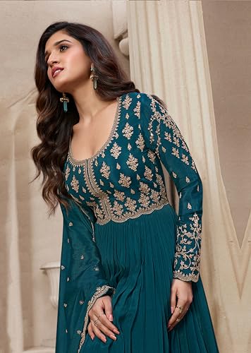 TRENDMALLS Women's Silk Blend Embroidery Anarkali Kurta Pant Set with Dupatta (G334-Morpeach-XXL-)