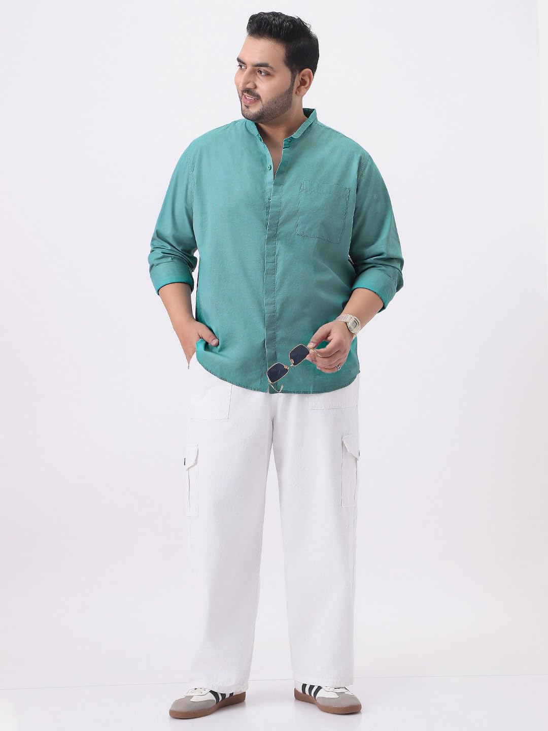 Urbano Plus Men's Light Teal Cotton Full Sleeve Regular Fit Casual Solid Shirt with Band Collar (plusshirtsolbndp-02-lteal-3xl)