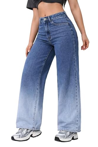 London Hills Women High Waist Wide Leg Jeans | Ombre Blue Denim | Loose Fit | Full Length Casual Jeans