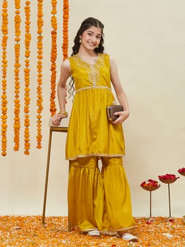 CURLY TALES ALPHA Girls Mustard Yellow Sharara Set with Sleeveless Embroidered Kurti | Traditional Indian Dress for Kids | Ethnic Festive Outfit with Gota Lace for Weddings & Celebrations