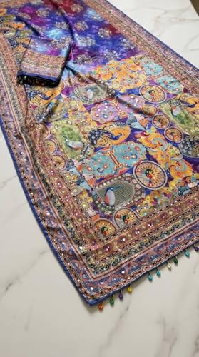 SHANTVAN GALLERY Ajrakh Sarees for Women Roman Silk Ajrakh Print Saree for Woman with Mirror Work Border Pallu & Kodi Latkan with Blouse Piece Designer Ethnic Wear