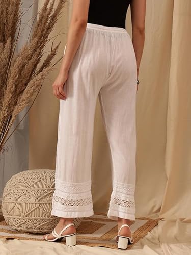 Ada Lucknowi Chikankari Hand Embroidered Cotton Linen Straight Pant Palazzo for Women A711181 White (2XL)