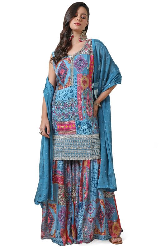 Soch Womens Powder Blue Ethnic Motifs Print Chinon Suit Set