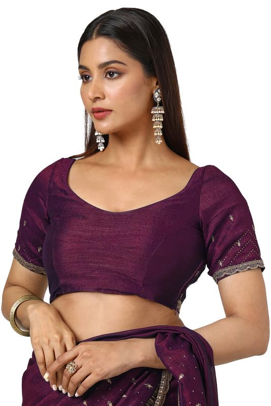Soch Womens Wine Tussar Embroidered Saree With Stone Work