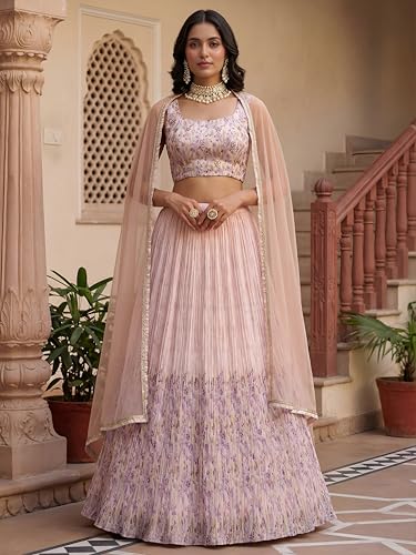 Zeel Clothing Digital Print Mirror Hand Work Georgette Lehenga Choli with Dupatta (5100-Beige-Women-Stylish-Lehenga-Choli; Free Size)