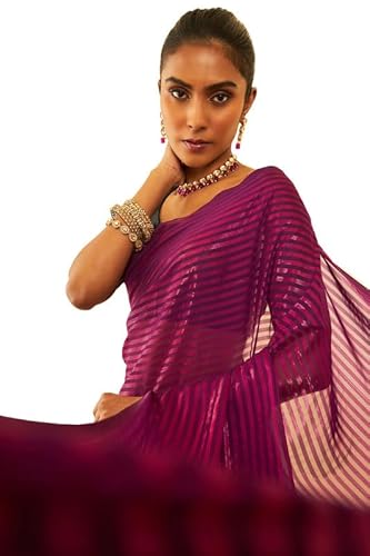 Soch Womens Wine Chiffon Striped Saree With Tassels(8907175513576)