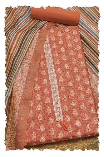 Soch Womens Peach Tussar Abstract Print Unstitched Dress Material With Faux Mirror