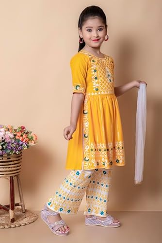 NEW JON Girl's Traditional Cotton Straight Kurta and Pant with Dupatta Set(Yellow, Size: 7-8 Years)