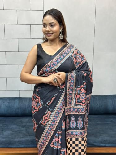 SHANTVAN GALLERY Crepe Silk Sarees for Women Crepe | Designer Printed Women Saree with Unstitched Blouse Piece | Soft Lightweight Crepe Saree (Black Peach Ethnic)