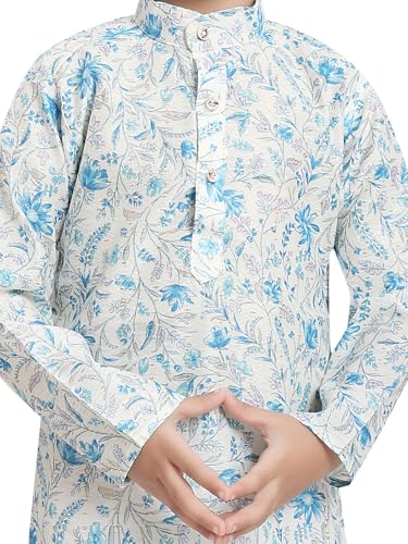 TinySteps Traditional Ethnic Wear Boys Printed Kurta With Sequence Work And White Cotton Elastic Waist Pajama Set (Blue)