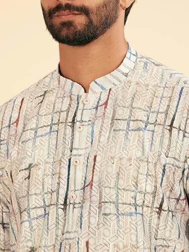 Manyavar Men's Knit Printed Short Kurta (Cream,XL)