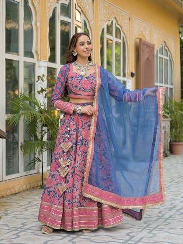 Divena Blue Printed Cotton Lehenga with Choli and Dupatta