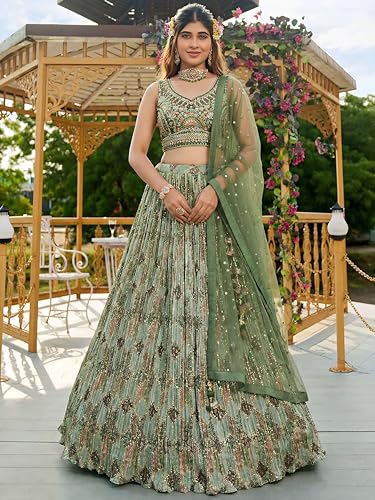 Zeel Clothing Women's Chinon Silk Embroidered Mirror Work Lehenga Choli with Dupatta (114-Green-Women-Lehenga-Choli-Set; Free Size; Green)