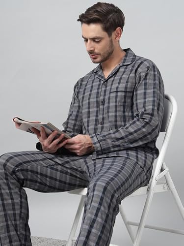 Hancock Men Cotton Checked Night Suit Navy Blue Size S