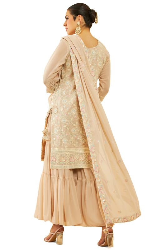 Soch Womens Beige Georgette Sequinned Embellished Suit Set with Tie-Ups