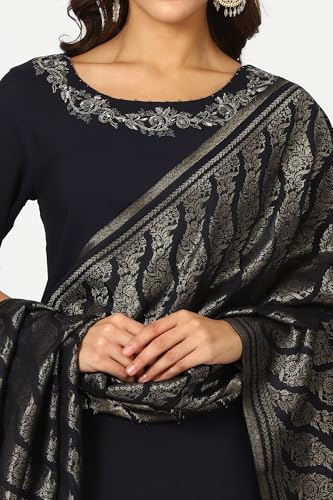 W for Woman Navy Blue Metallic Embroidered Straight Festive Kurta, Straight Pants and Jacquard Dupatta Set (Size: XS)-24AUWS11187-222209