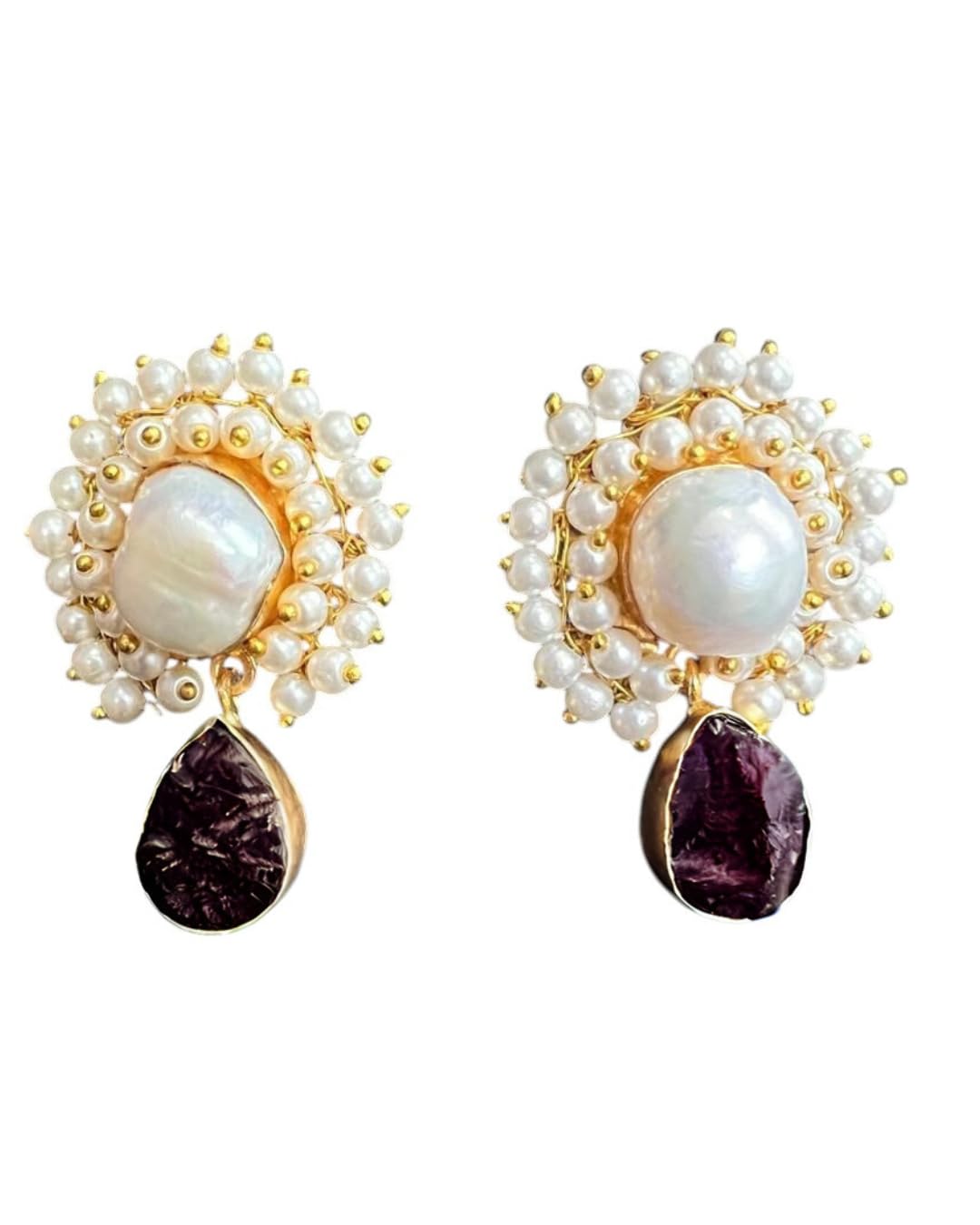 Jiaara Handcrafted Earrings For Women Raw Stone Clustered Pearl Brass Ear Rings