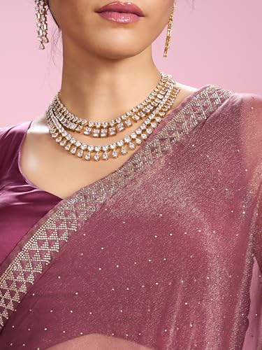 MOHEY Women's Organza Stone Work Saree with Blouse Piece(Purple)