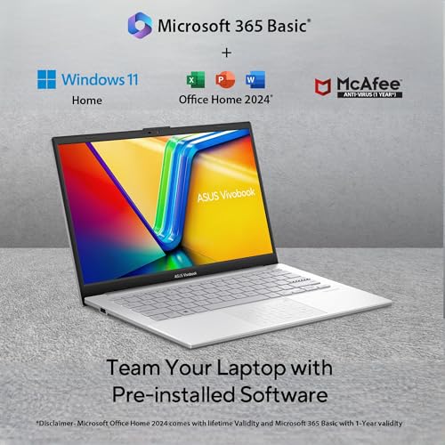 ASUS Vivobook Go 14, AMD Ryzen 5 7520U Processor, 8GB RAM,512GB SSD,AMD Radeon iGPU, 14" FHD, Windows 11,M365 Basic (1Year)*,Office Home 2024, Silver, 1.38 kg, E1404FA-EB2521WS, Thin & Light Laptop