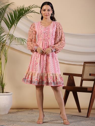 Juniper Pink Wonderland Floral Printed Pure Cotton Midi Dress with Pintucks & 3D Handwork for Women