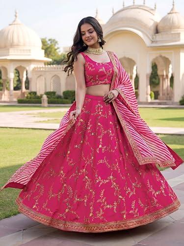 Zeel Clothing Women's Sequins Thread Embroidered Silk Lehenga Choli With Dupatta (7025-Pink-Women-Lehenga-Choli-Set, Free size)