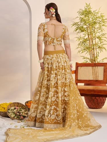 Zeel Clothing Women's Cotton Thread Sequins Work Embroidery Soft Net Lehenga Choli With Dupatta (NFH-2148-Light-Golden-Lehenga-Choli; Free size) (Light Golden)