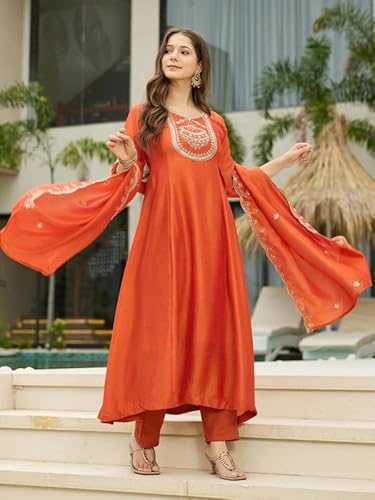 AVYUKTHA | Women Ethnic Motifs Embroidered Kurta with Trors & Dupatta | Traditional Thread Work Kurta Set for Festive & Daily | Orange, Size- M