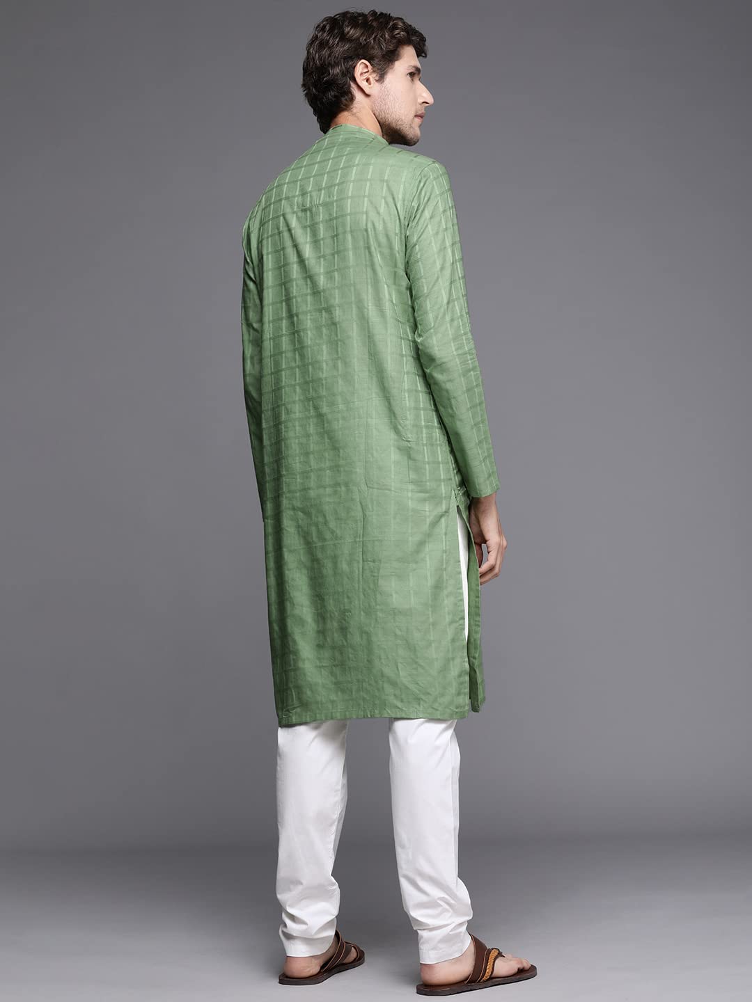 Manyavar Kurta Set for Men, Full-Sleeves Mandarin Collar Ethnic Kurta Set for Engagement, Wedding, Party Solid Kurta Set Blended Cotton (Green, XL)