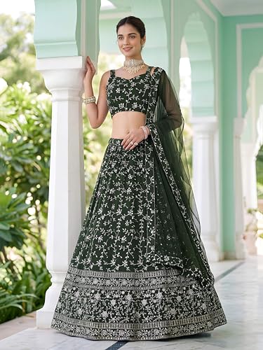 Zeel Clothing Women's Zari and Sequins Embroidered Georgette Lehenga Choli With Dupatta (5058-Green-Women-Latest-Lehenga-Choli, Free size)
