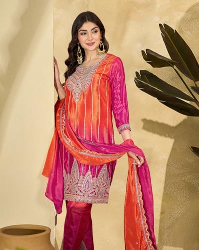SheWill Rani & Orange Poly Chinon Kurta with Zari, Sequence, Thread & Cording Embroidery, Paired with Pant and Dupatta – A Vibrant Set SHEKS20006_S2P_A