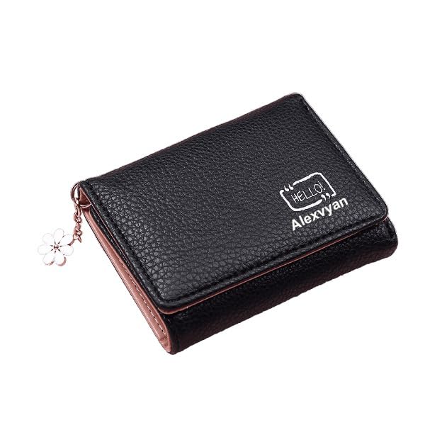 Alexvyan Black Hello Small Tri-Fold Women's Purse Wallet Card Organizer Female Hand Purse Clutch Women/Ladies/Girls Wallets 5 Card Holder 1 Long & 1 Small Pocket