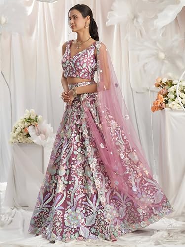 Zeel Clothing Women's Sequins Embroidered Work Soft Net Lehenga Choli With Dupatta (6020-Pink-Women-Lehenga-Choli-New; Free size)