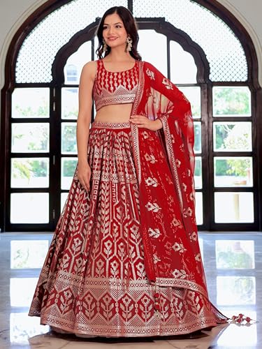 Zeel Clothing Women's Sequins Thread Embroidered Georgette Designer Semi-stitched Lehenga Choli Set With Dupatta (5116-Maroon-Wedding-Designer Free Size)