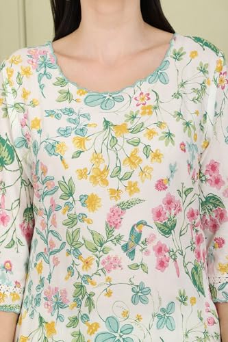 White Floral and Bird Printed Straight Kurta with Scalloped Neckline_24AUSTW10592-121987_XS