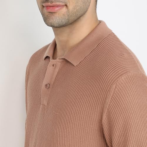 Park Avenue Men Slim Fit Structure Pattern Pure Cotton Half Sleeve Polo Neck Casual T-Shirt (Size: 40)-PCKB01463-E4 Medium Orange