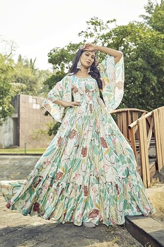 Samprag Rayon Gown for Women | Full Length | Printed | Fit & Flare | Flared & Bell Sleeves | Round Neck | Ethenic Dress | Ideal for Casual, Wedding & Party Occassions | Off-White & Pink | XL