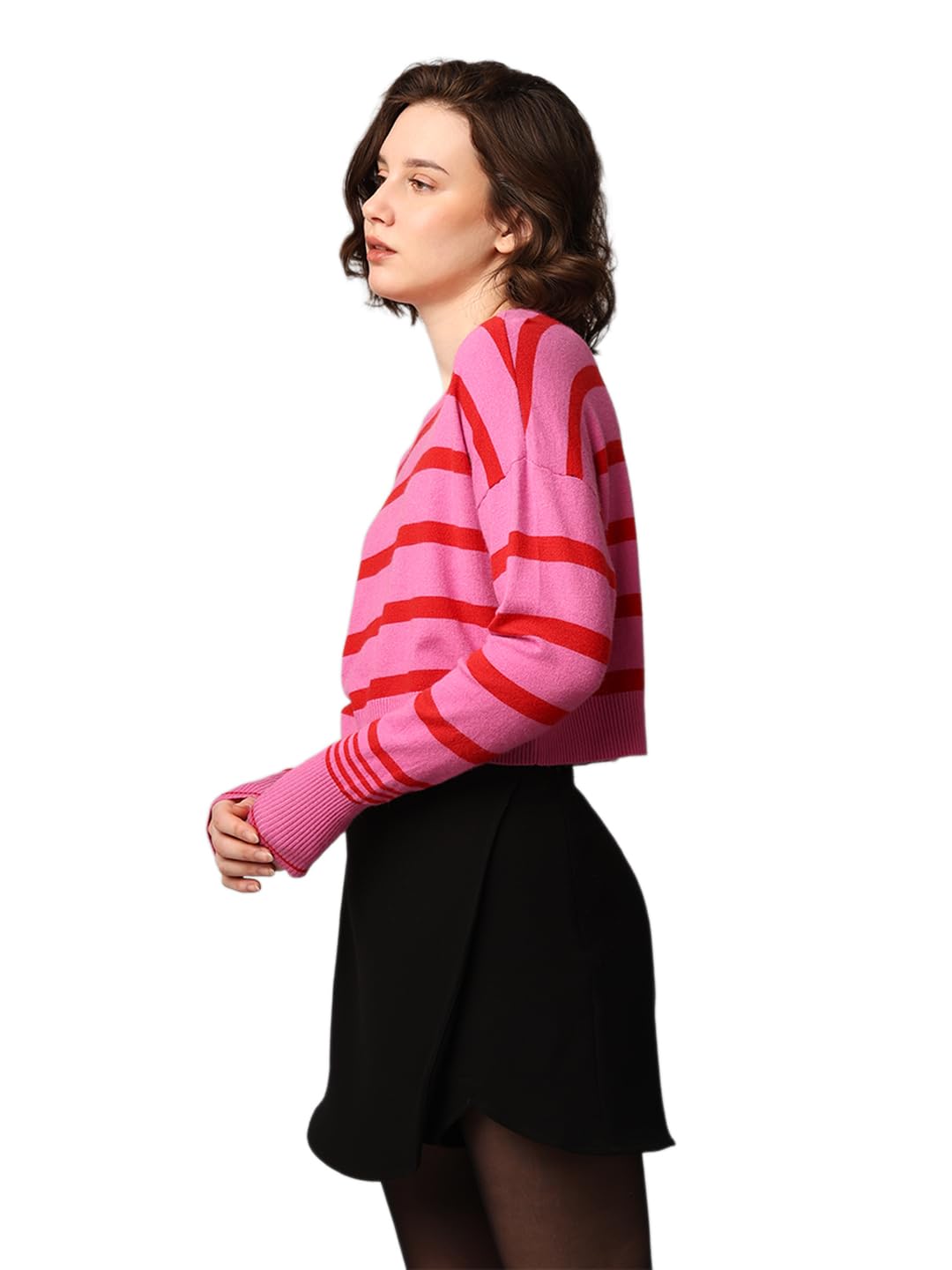 ONLY Women Striped Viscose Blend Pink Pullover Sweater