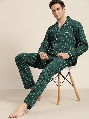 Hancock Men Cotton Striped Pyjama Set Bottle Green Size L