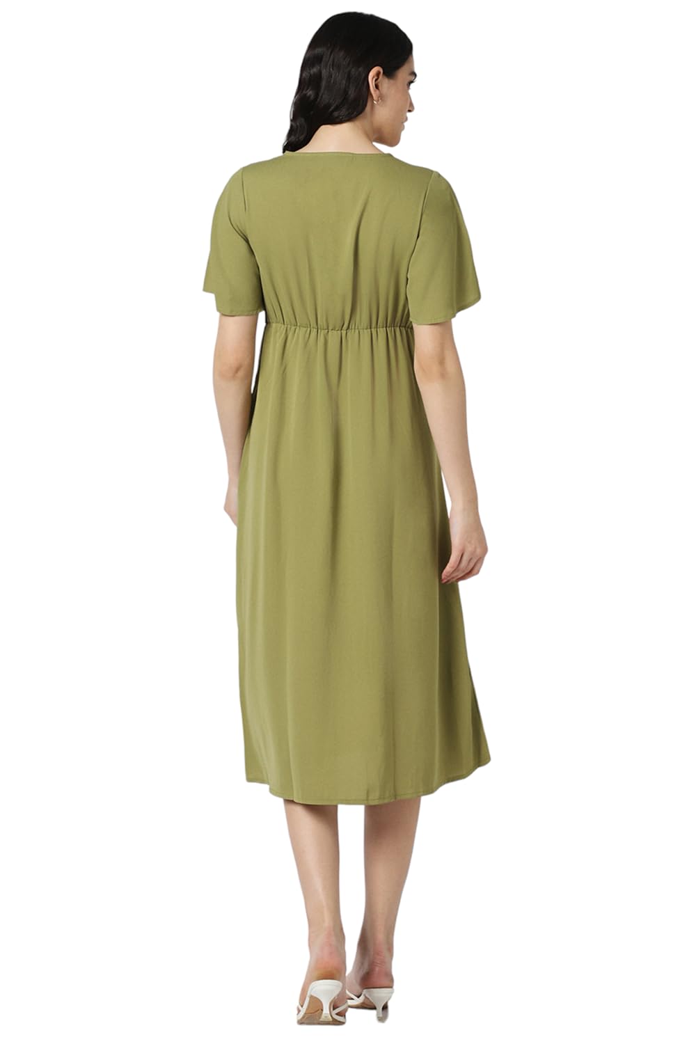 Van Heusen Women's Polyester Asymmetrical Calf Length Dress (VWDRFRGFF44319_Olive