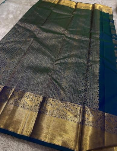 Veglari Women's Original Kanchivaram Pure Kunttli Print Hand Weving Pure Jari Jall Rajwadi Silk Sarees With Unsich Blouses Piecs For Weding